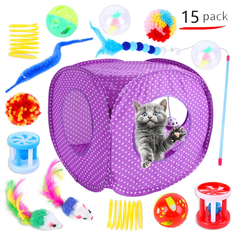 Purple cat play cube with various cat toys on a white background