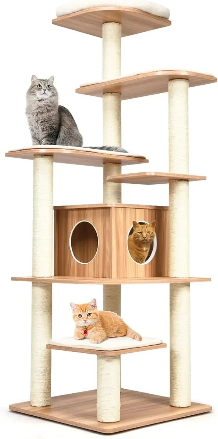 Cat tree with multiple levels and a cat sitting on each level