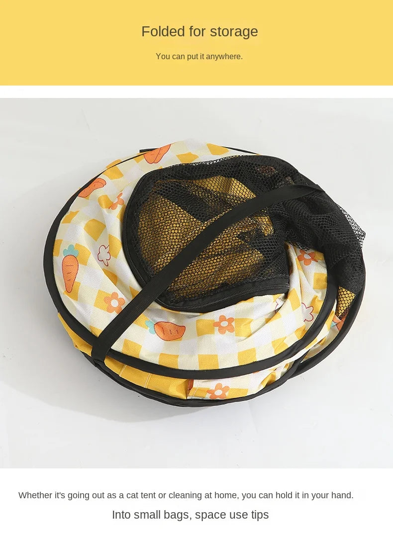 Folded pet tent with cartoon design on a white background