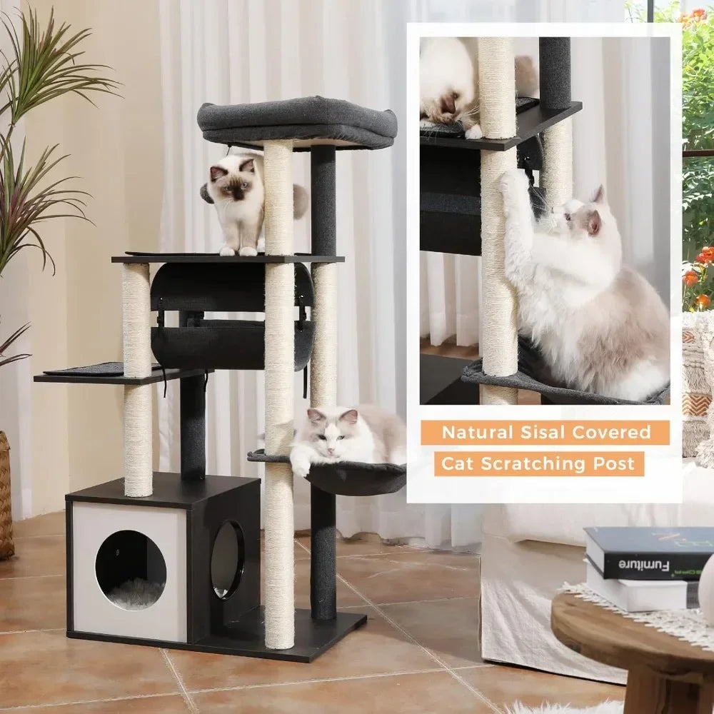 Cat tree with multiple levels and a cat scratching post, with cats interacting on it.