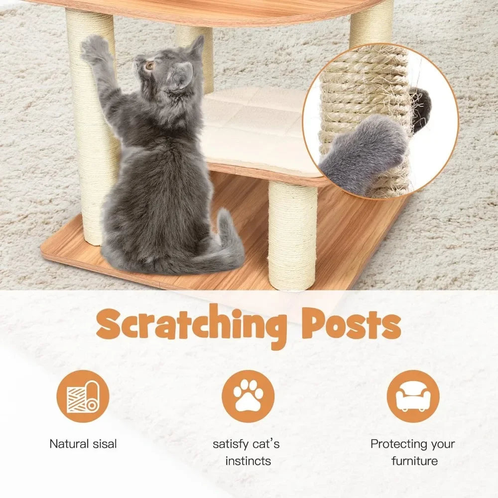 Cat using a scratching post with natural sisal, satisfying cat's instincts, and protecting furniture text.
