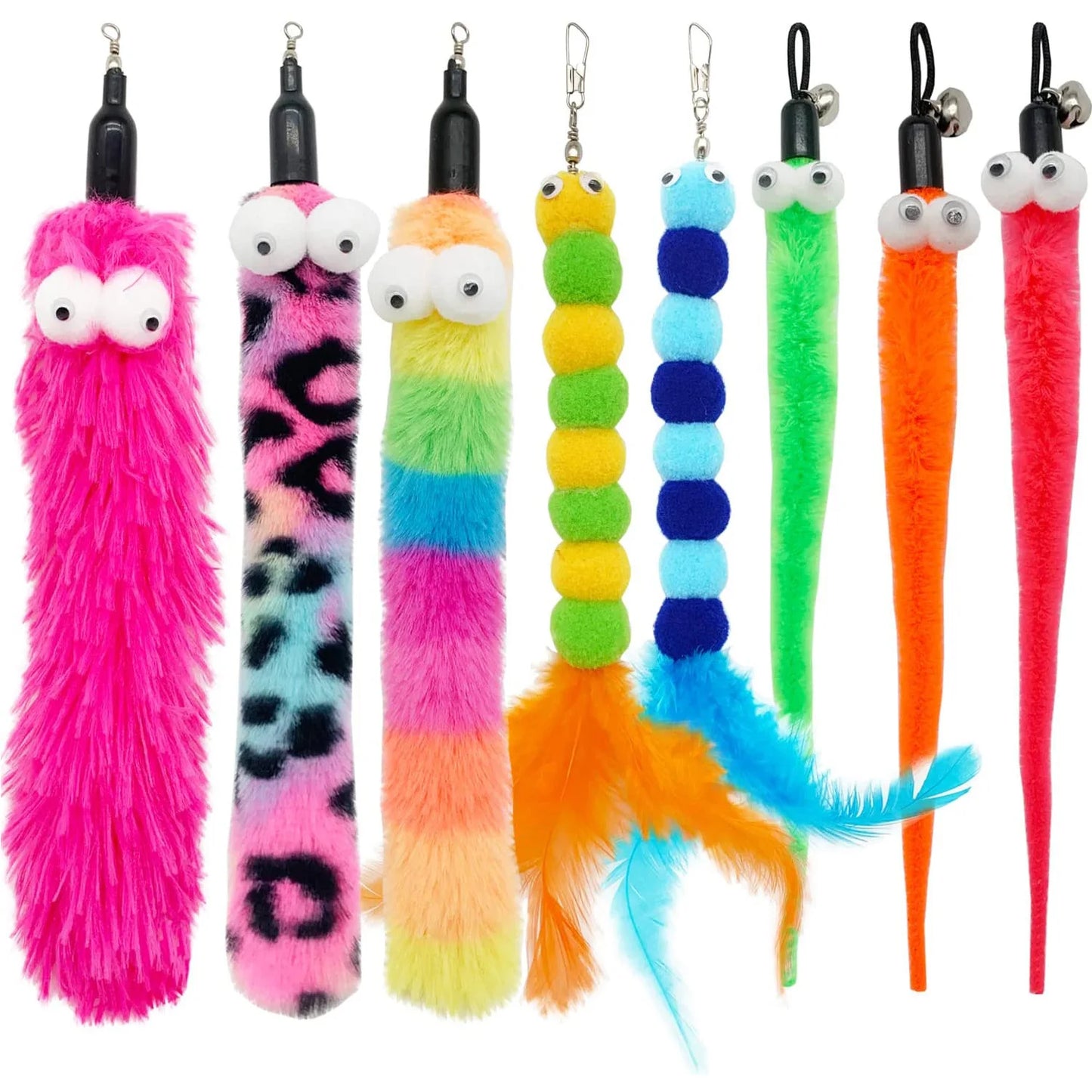 Set of colorful pet toys with various designs on a white background