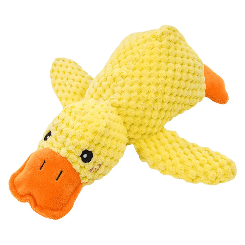 Yellow duck plush toy with an orange beak on a white background