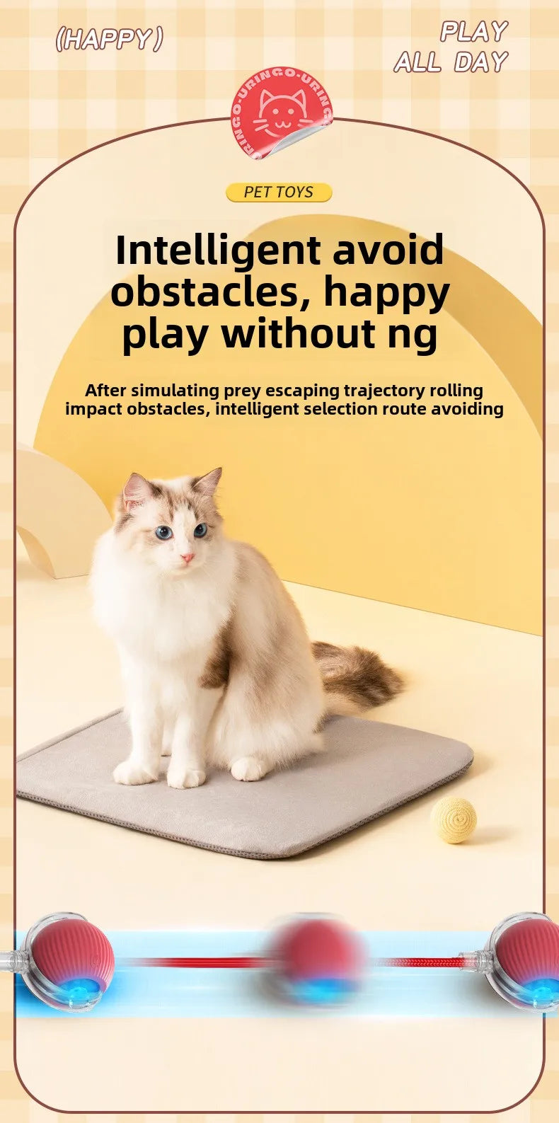 Cat toy with a cat sitting on a mat, designed to simulate prey escaping trajectory and avoid obstacles.