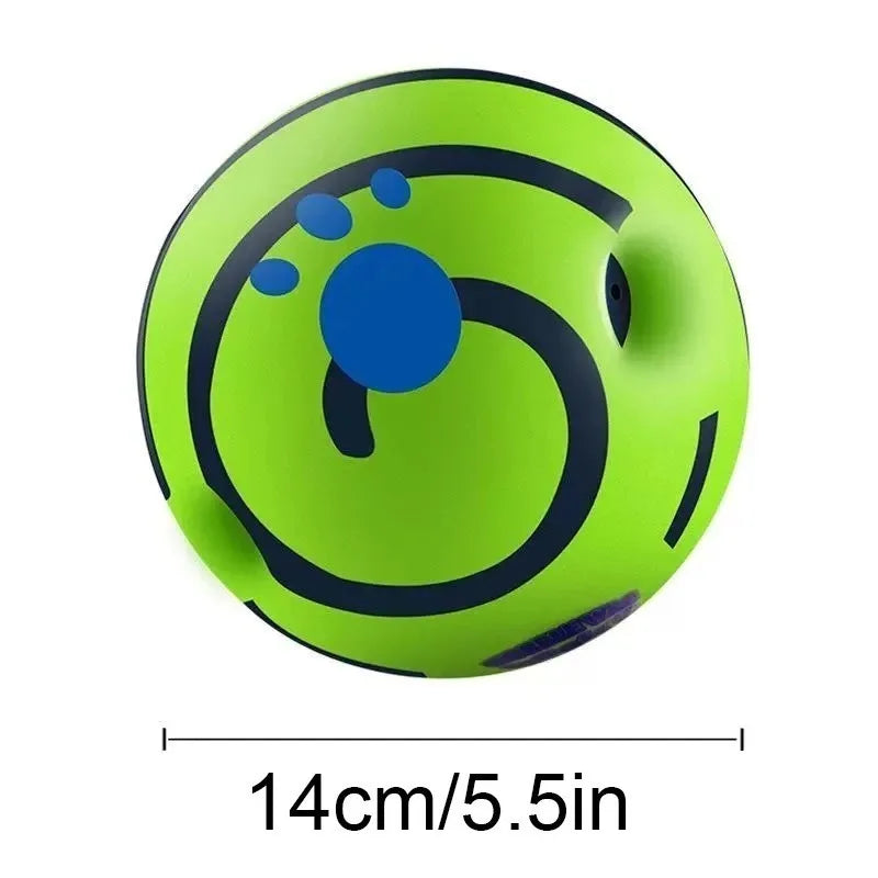 Green ball with blue accents and measurements on a white background