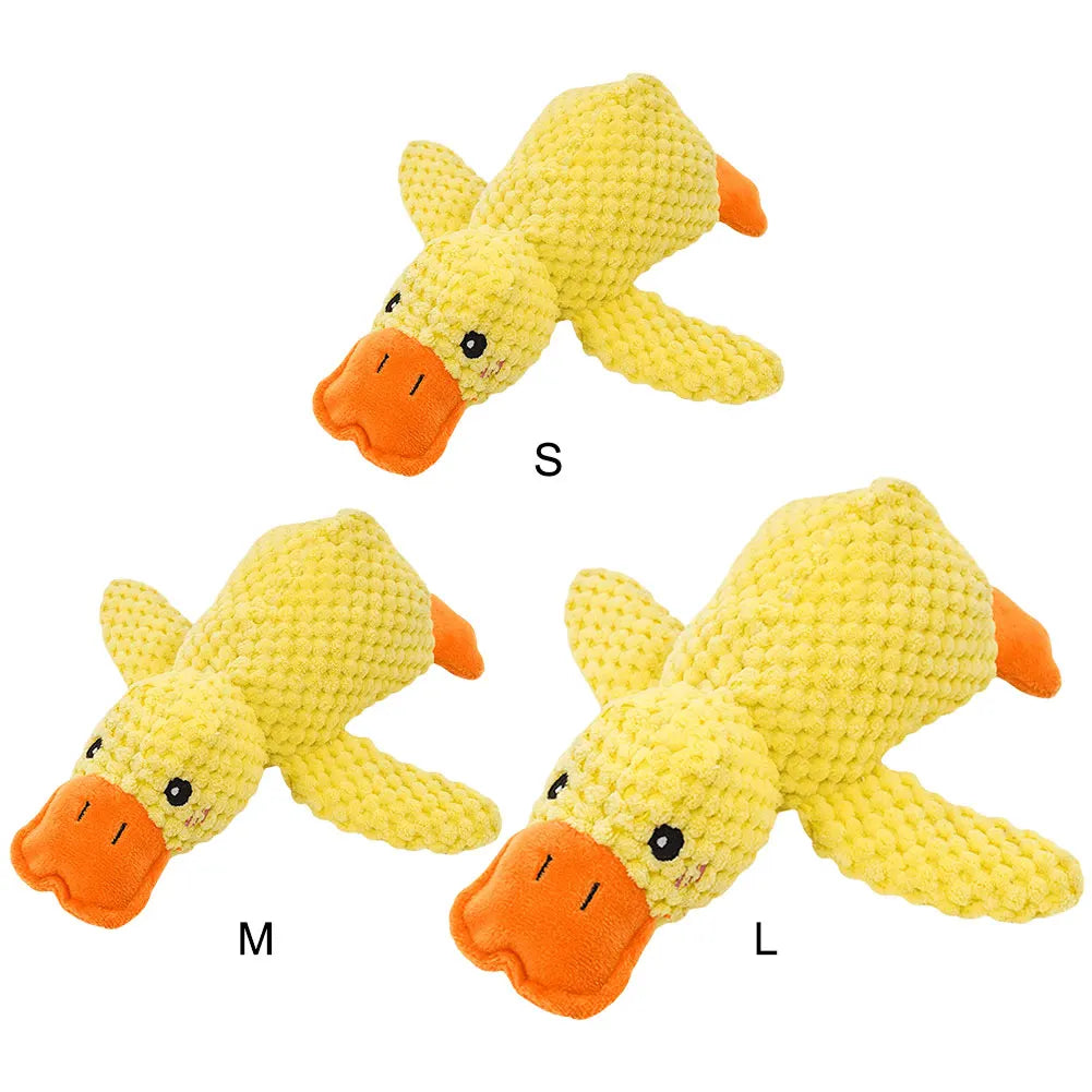 Three yellow duck toys with orange beaks labeled S, M, and L on a white background.