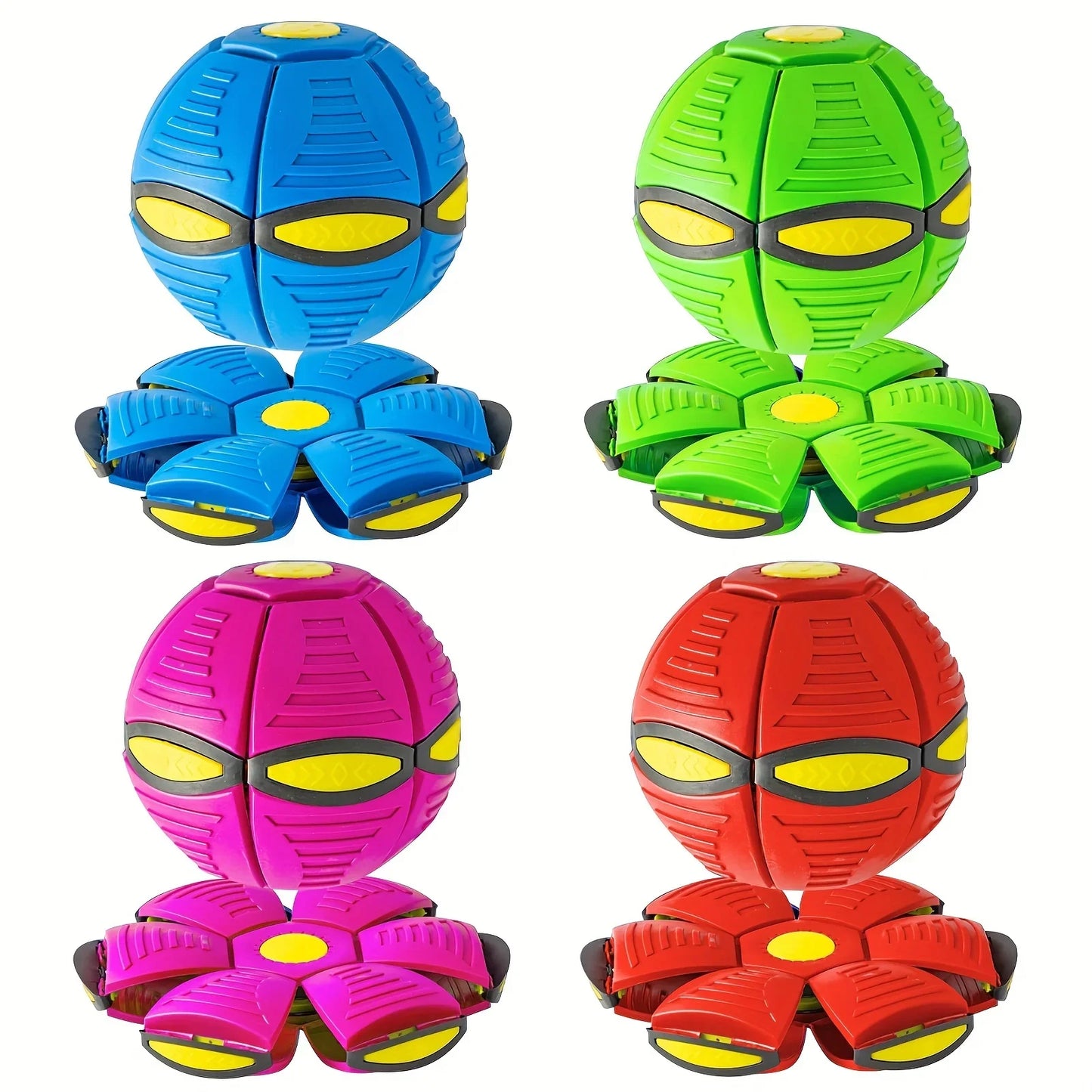 Four colorful transforming toys in blue, green, pink, and red on a white background. From ball to frisbee