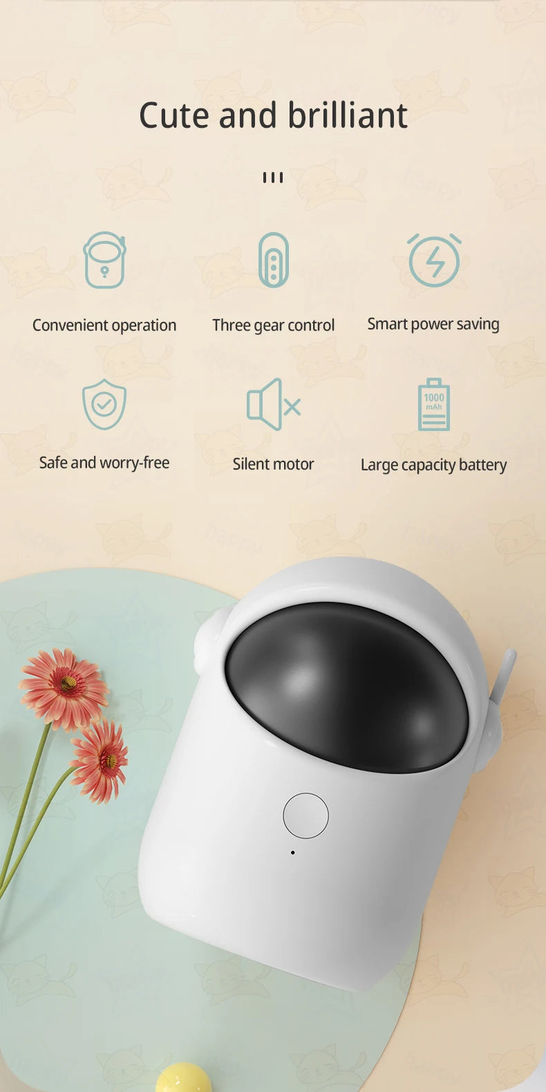 White electronic device with features listed on a beige background