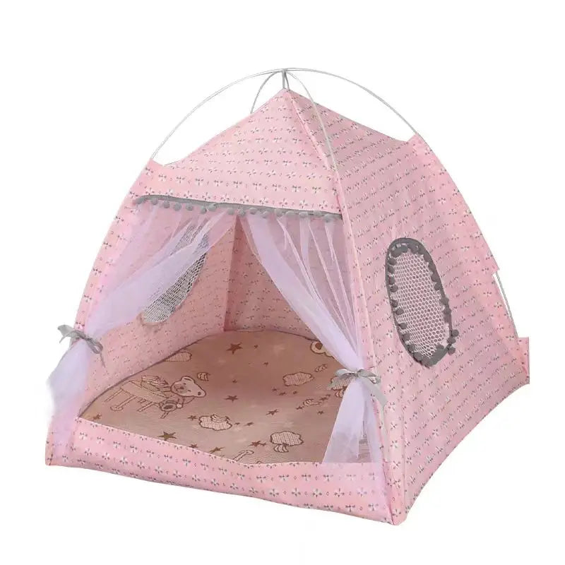 Pink cat's tent with a star-patterned floor on a white background