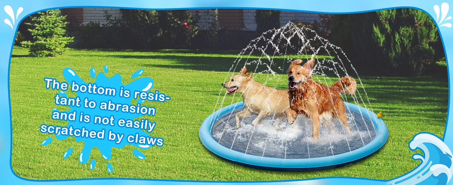 Two dogs playing in a blue inflatable sprinkler pad on grass with text about durability.