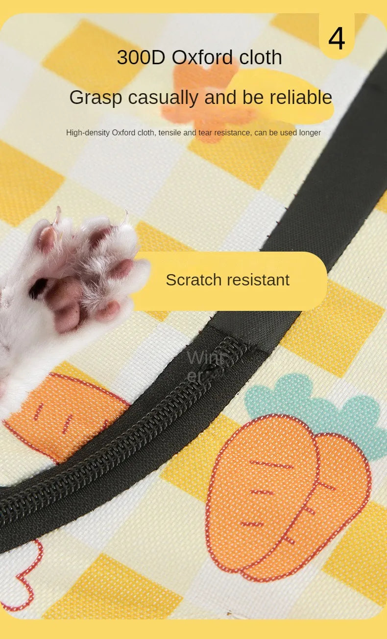 Product with a cat and text about 300D Oxford cloth, scratch resistance, and reliability.