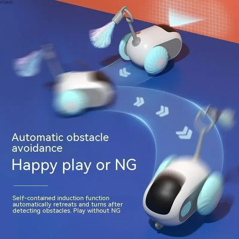 Robotic toy with automatic obstacle avoidance feature on a blue background