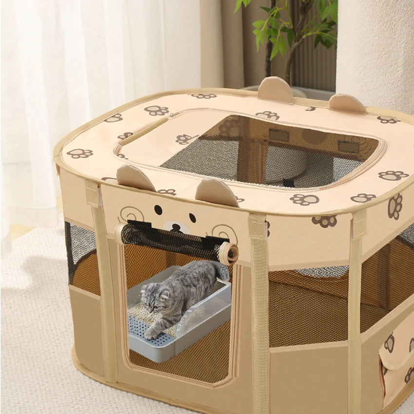 Pet playpen with a cat inside on a light-colored floor.