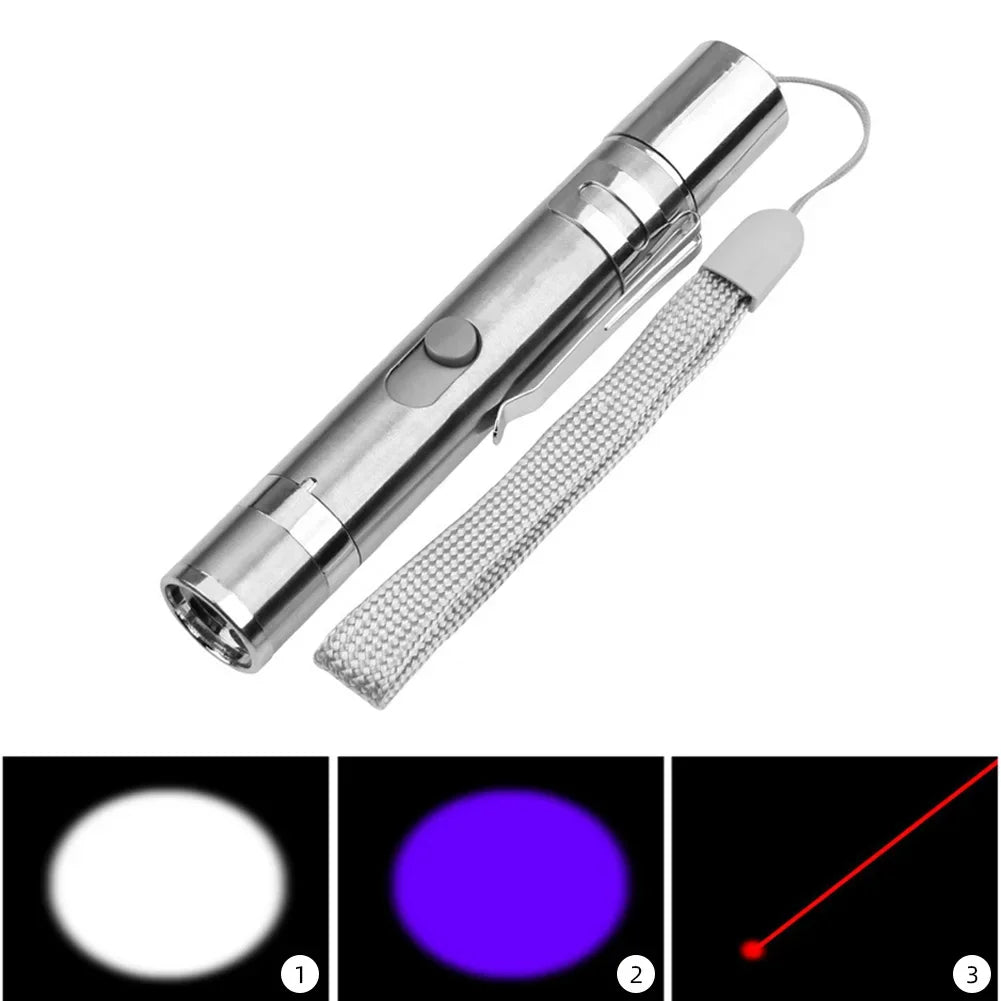 Silver flashlight with a red laser pointer on a white background