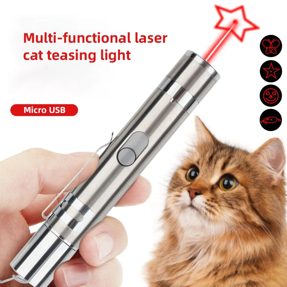 Multi-functional laser cat teasing light with a hand holding it and a cat looking at it.