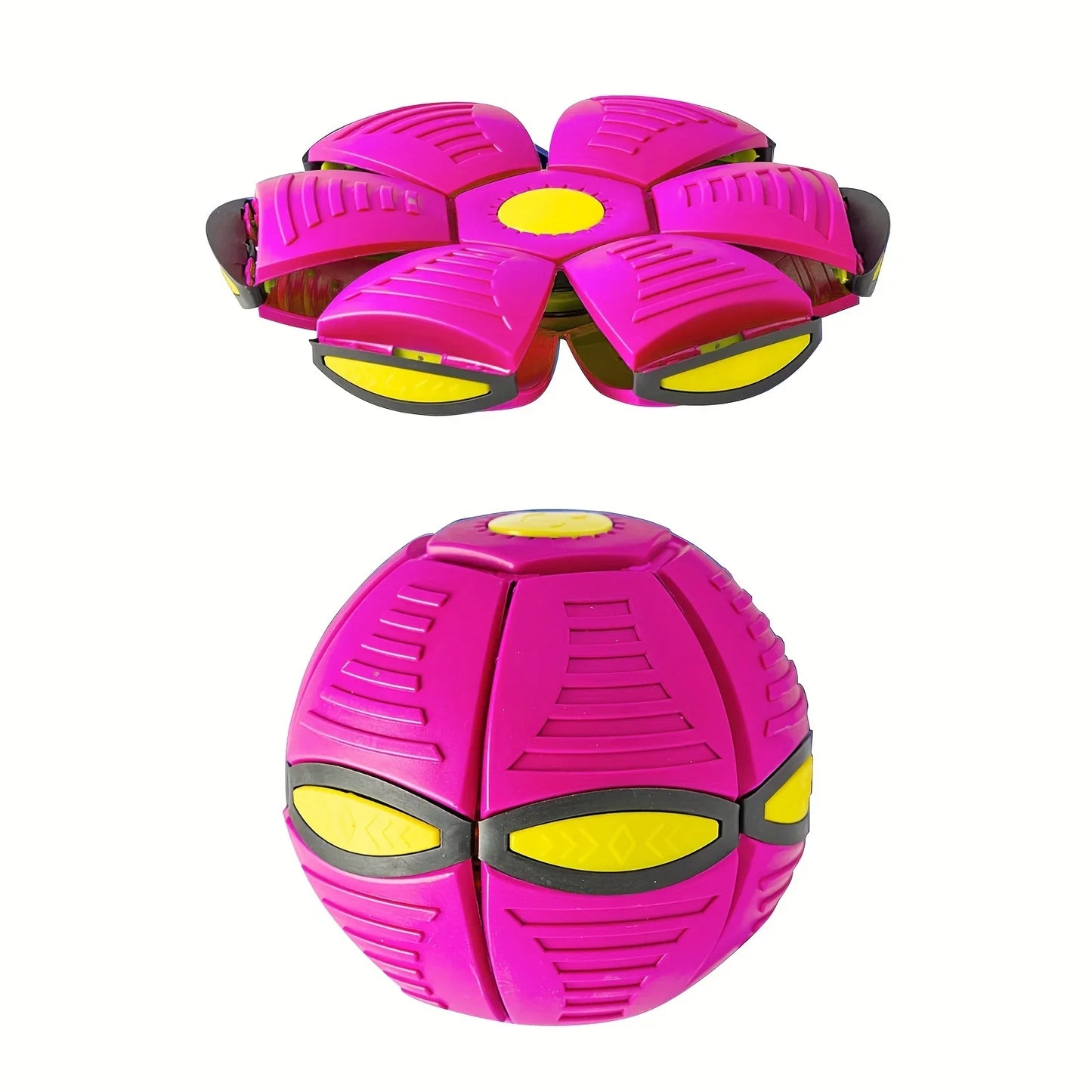 Pink and yellow ball to frisbee toy on a white background