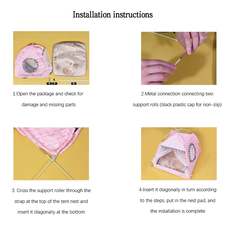Installation instructions for a pink tent product on a yellow background