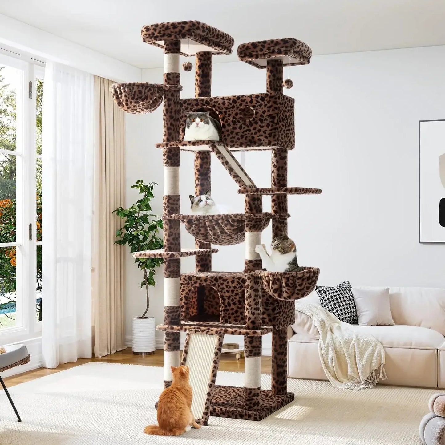 Cat tree with leopard print design in a living room setting