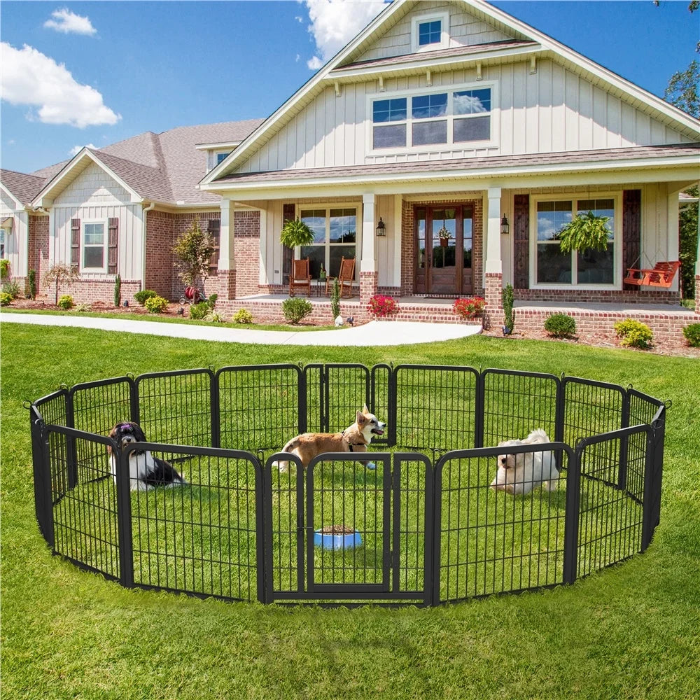 Black metal pet playpen with dogs inside on a grassy lawn in front of a house.