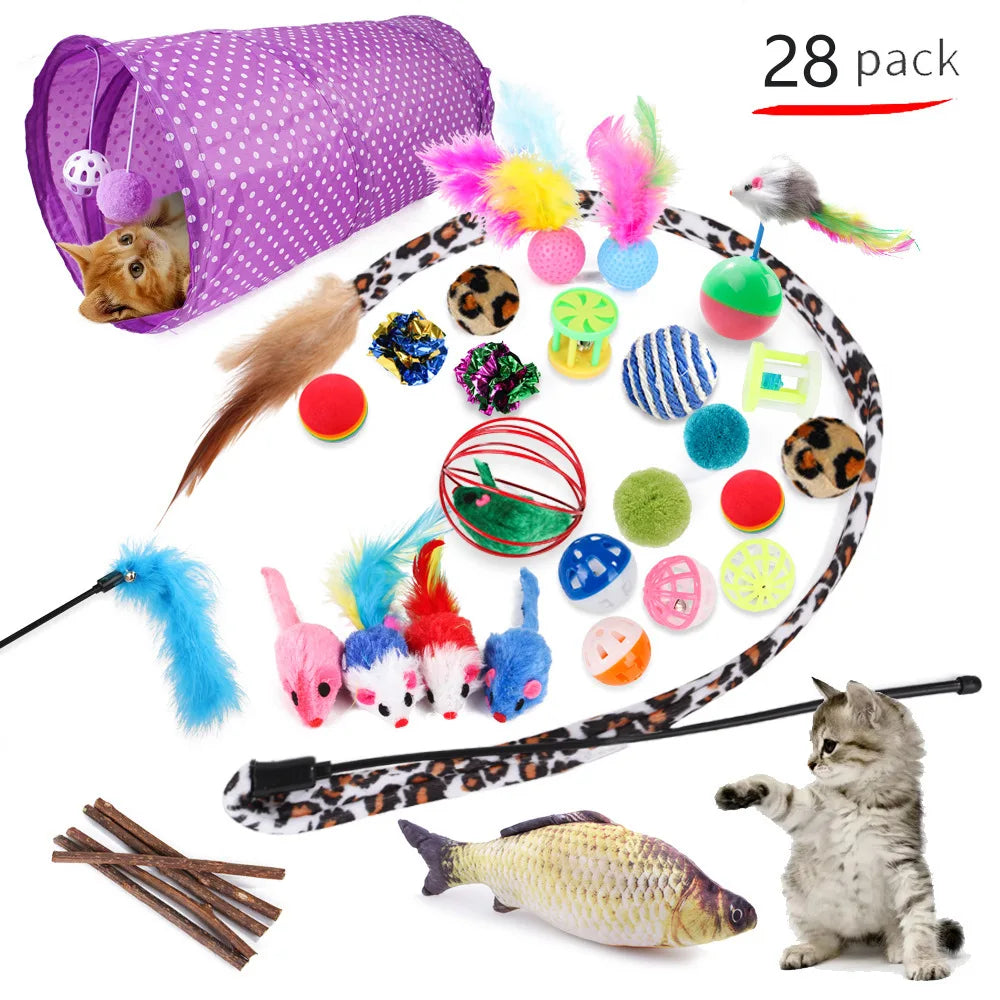 Assorted cat toys including a purple tunnel, feather wand, and colorful balls on a white background.