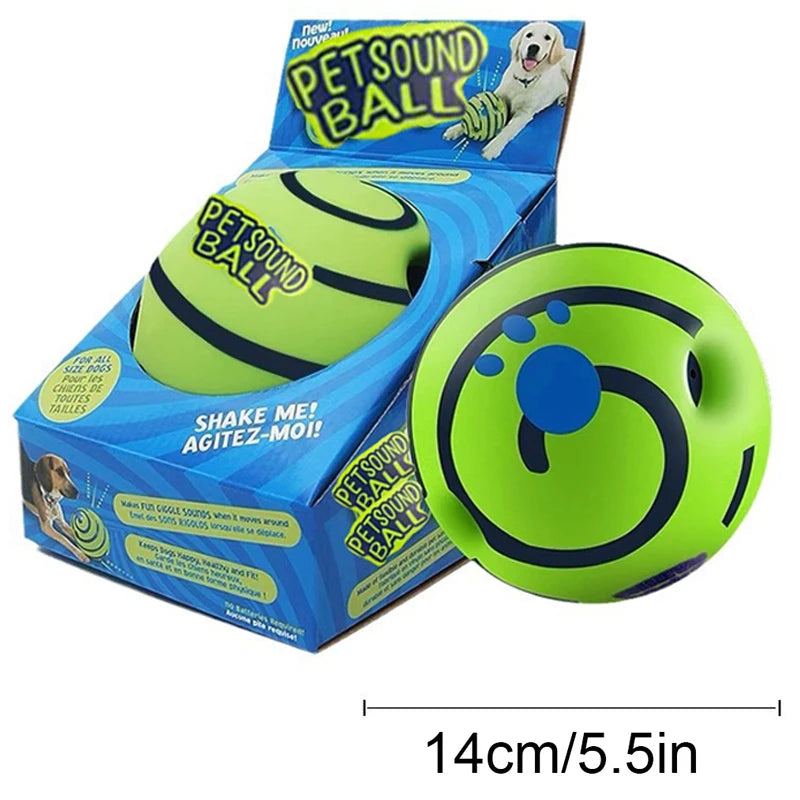 Green dog toy ball with blue accents and 'Petsound' branding, displayed with packaging.