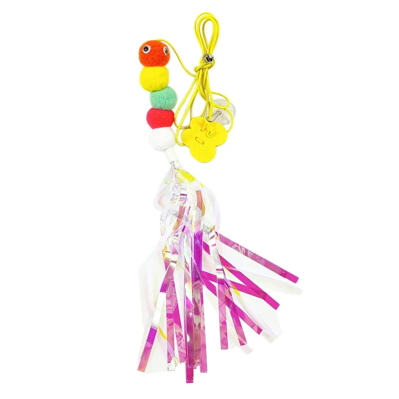 Colorful keychain with pom-pom beads and tassels on a white background