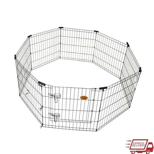 Black metal pet playpen on a white background with Express Delivery logo.