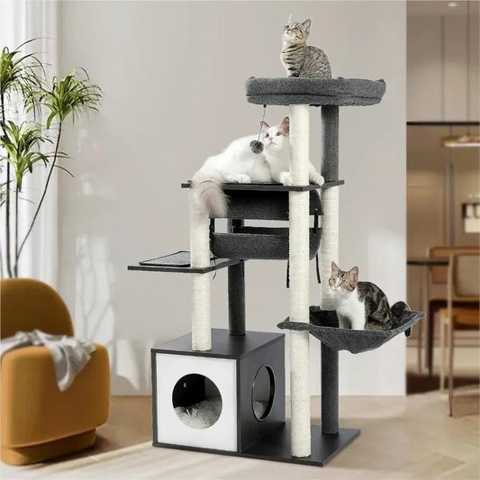 Cat tree with multiple cats on different levels in a home setting
