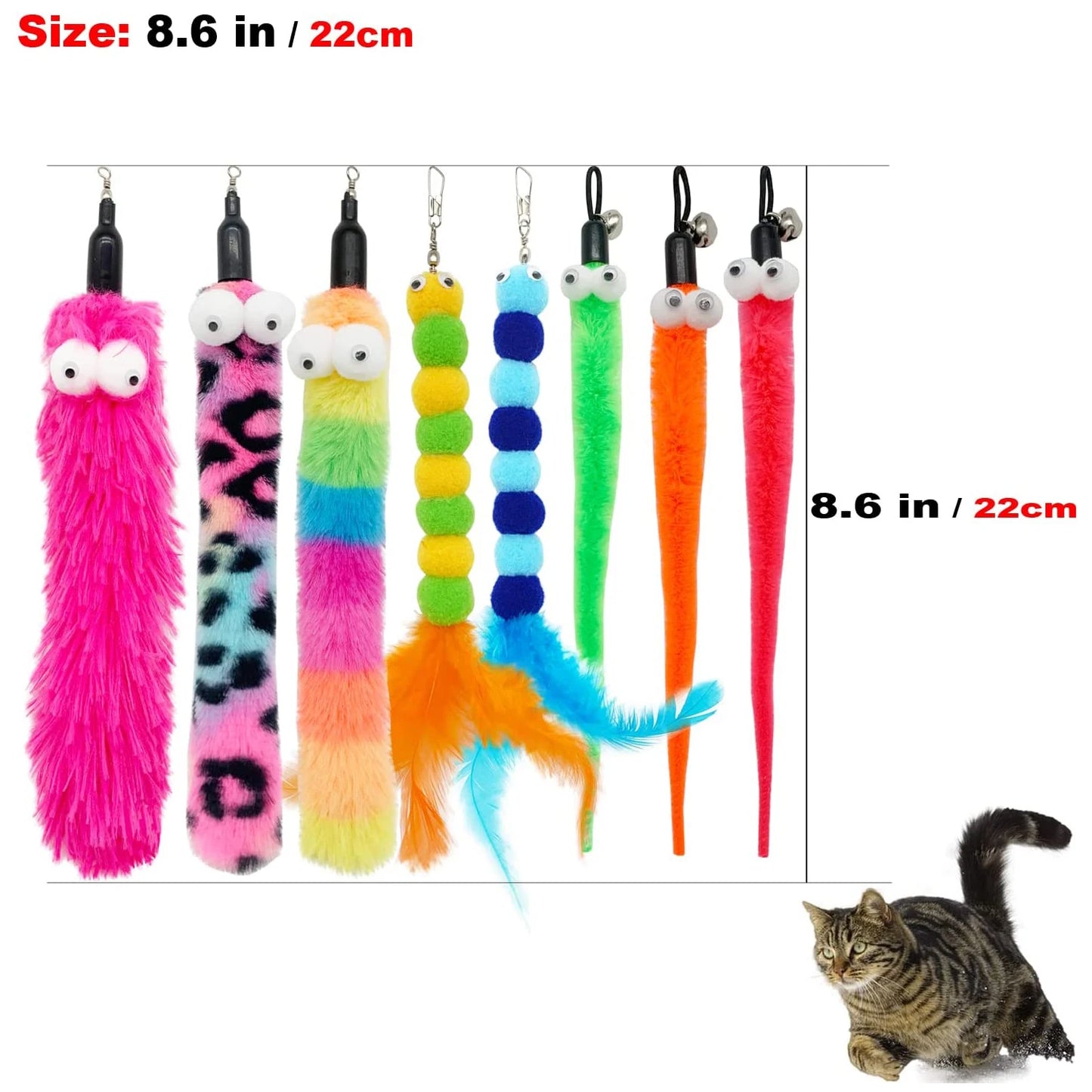 Colorful cat toys with various patterns and a size measurement, alongside a cat playing with one of the toys.