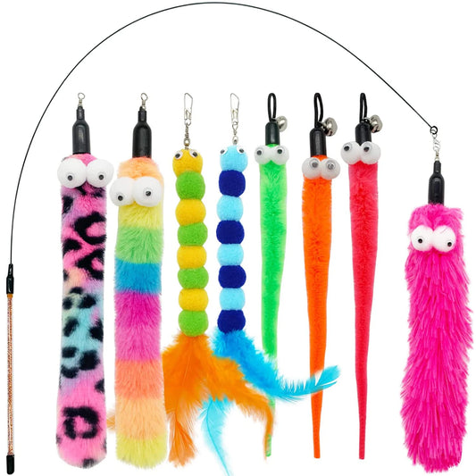 Assorted colorful cat toys with a wand on a white background
