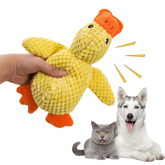 Hand holding a yellow plush duck toy with a dog and cat on a white background
