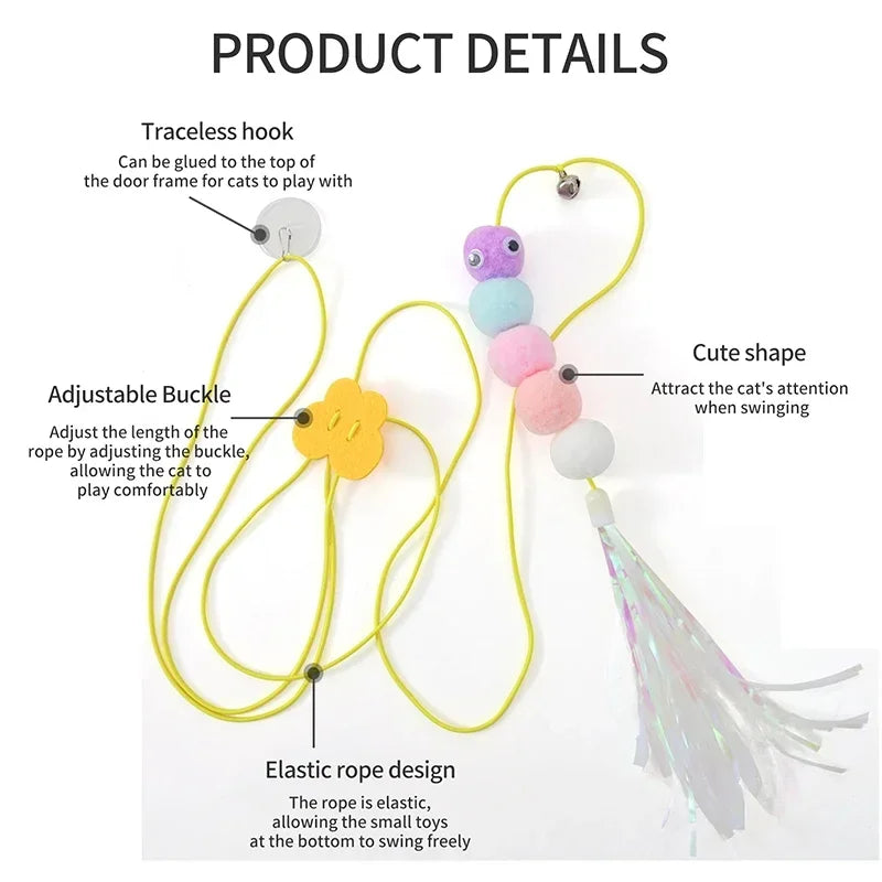 Cat toy with colorful beads and tassels, featuring text labels on a white background.