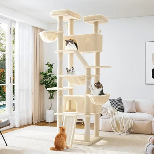 Cat tree with multiple levels in a living room with cats on different levels