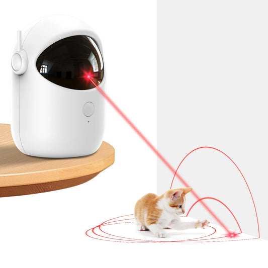 White electronic device with red laser beam interacting with a cat on a white background