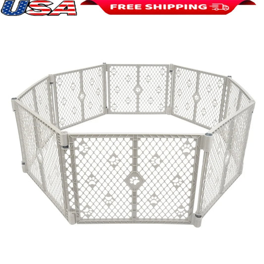 Plastic pet playpen with free shipping text on a white background