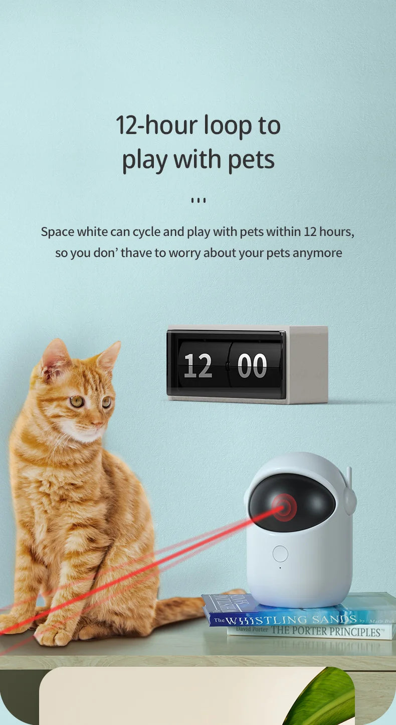 Cat playing with a laser pointer device on a table, with text about a 12-hour loop feature.