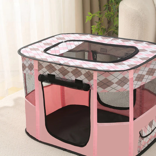 Pink and gray checkered pet playpen on a light-colored floor.