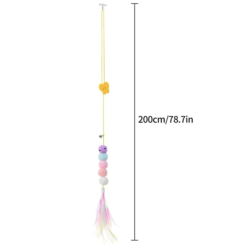 Colorful beaded toy with tassels and measurement details on a white background