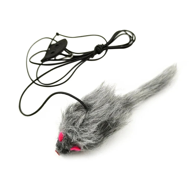 Cat rat toy lure with a black cord on a white background