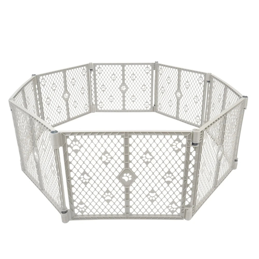 Plastic pet playpen with decorative lattice design on a white background