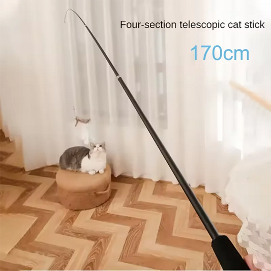 Four-section telescopic cat stick with a cat sitting on a cushion in the background