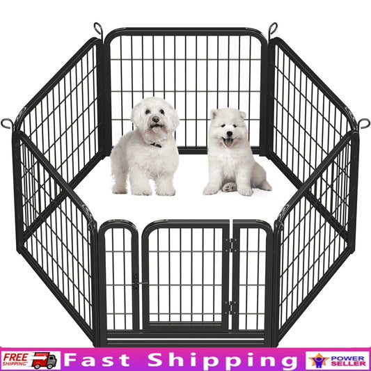 Two dogs inside a black metal pet playpen with free shipping and power seller text on a white background.