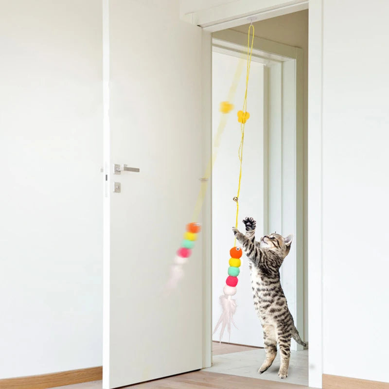 Cat playing with a colorful hanging toy in a room.