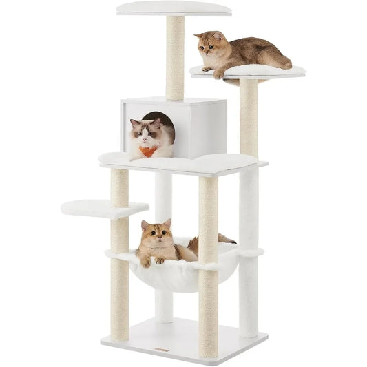 Cat tree with multiple levels and a cat sitting on each level against a white background