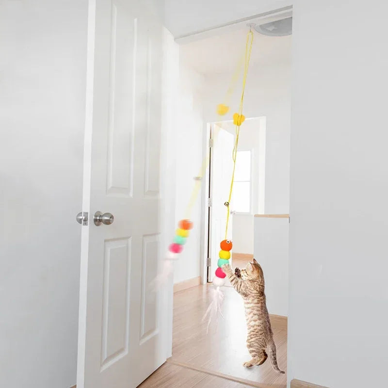 Cat playing with a colorful hanging toy in a room with white walls and a door.