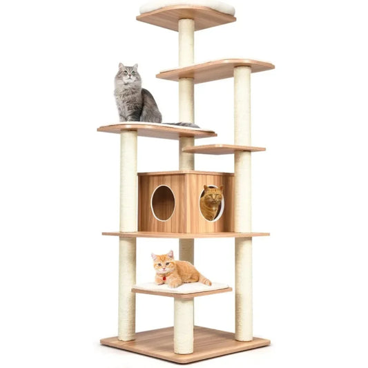 Cat tree with multiple levels and a cat sitting on each level against a white background