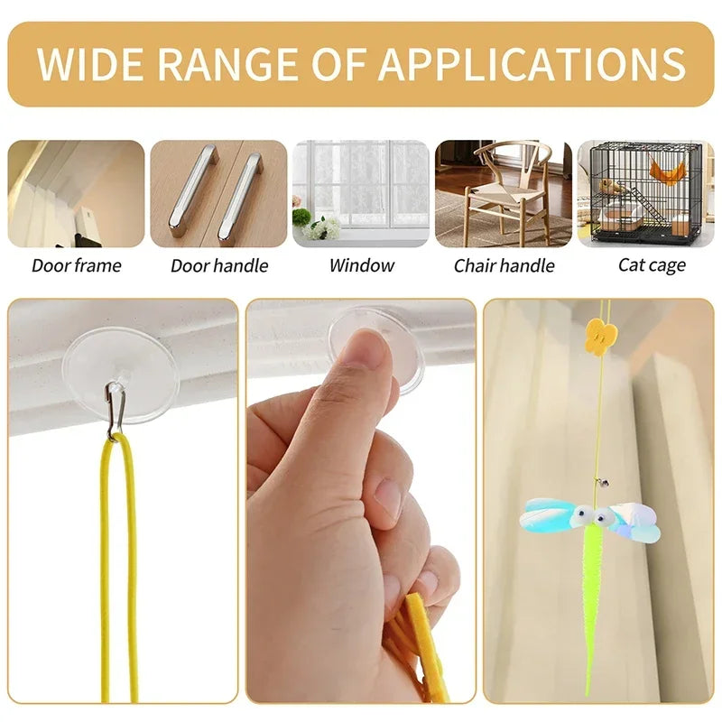 Product with various applications including door frame, door handle, window, chair handle, and cat cage.