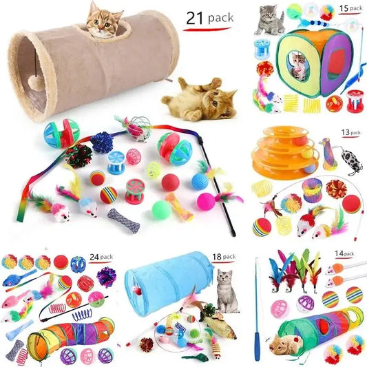 Assorted cat toys including tunnels, balls, and interactive toys on a white background.
