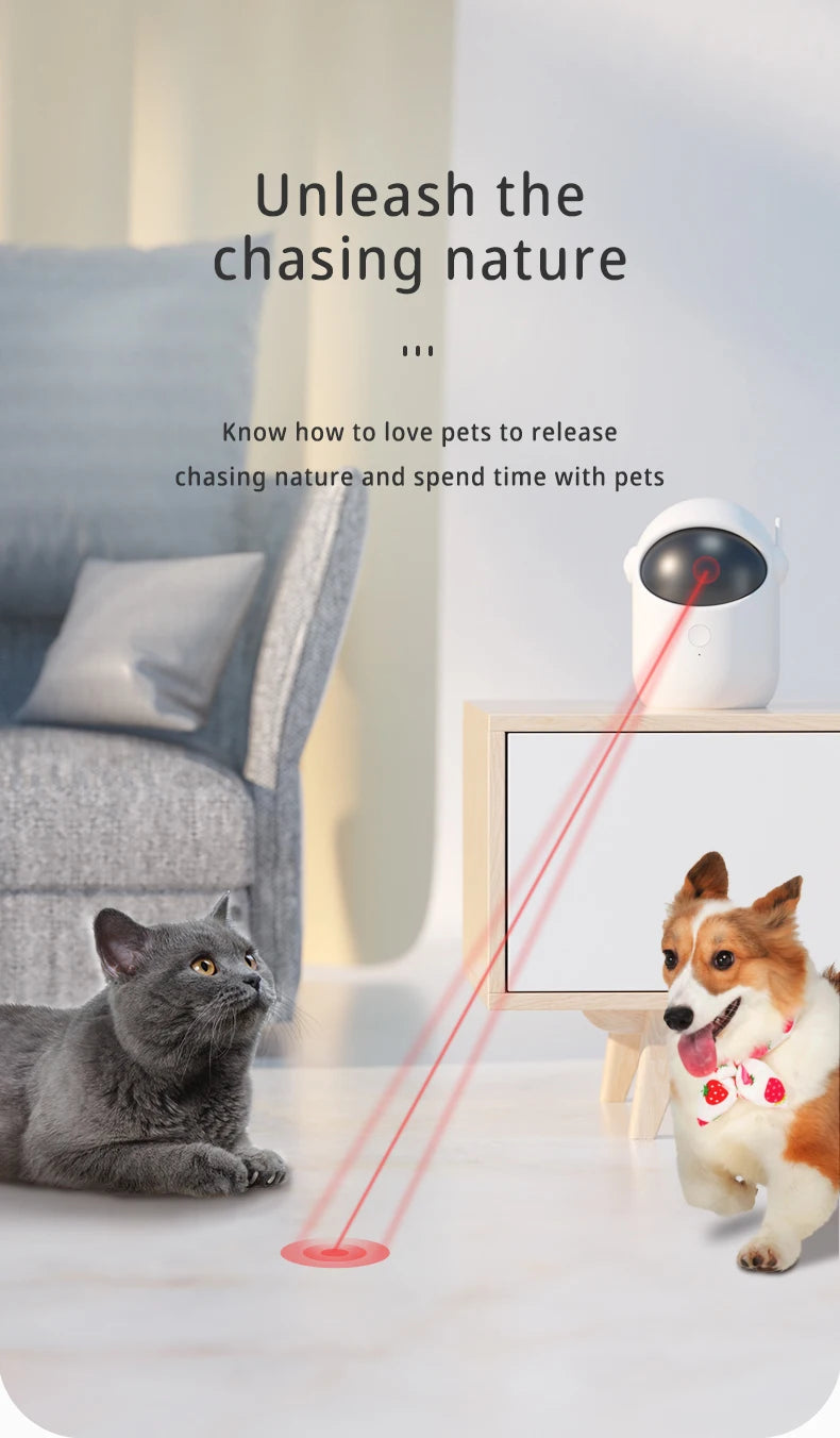 Pet toy with laser pointer emitting red light, cat and dog looking at it, text 'Unleash the chasing nature'.