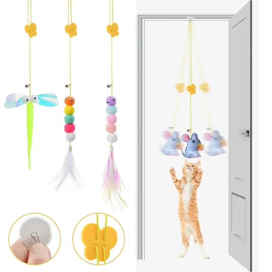 Cat toys hanging from a string with a cat below, on a white door background.